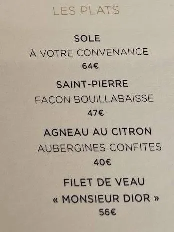 Monsieur Dior LES PLATS Carte & Prix