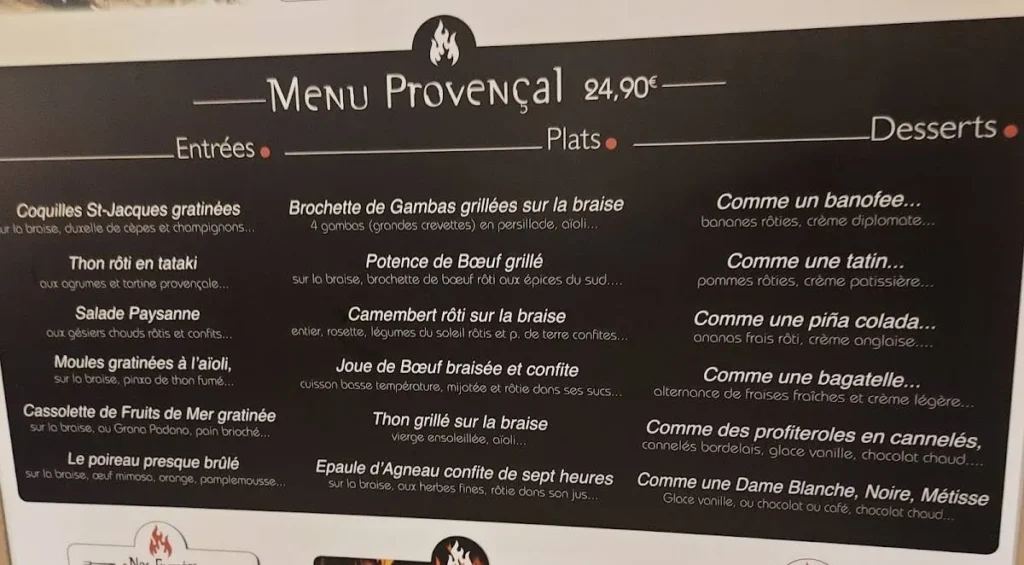 l’Auberge Provencale Valras Menu Prix