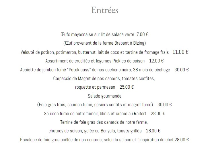 Auberge De La Klauss Entrées Carte & Prix
