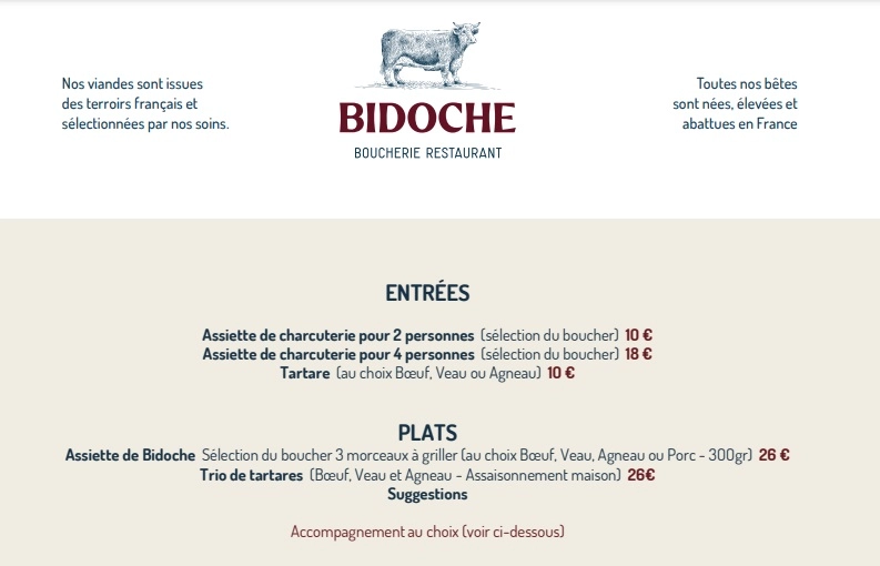 Bidoche Menu Prix