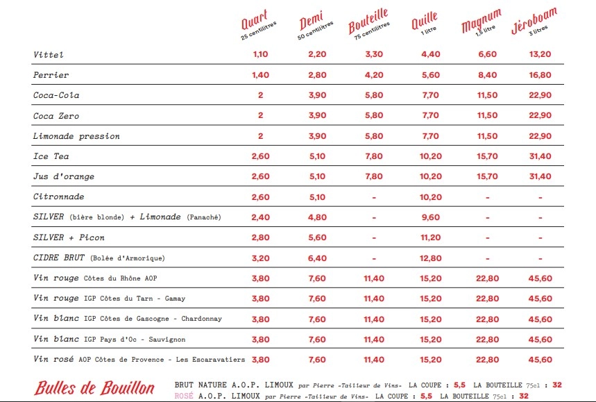 Bouillon Pigalle Boissons ‘à la Verse’ Menu Carte