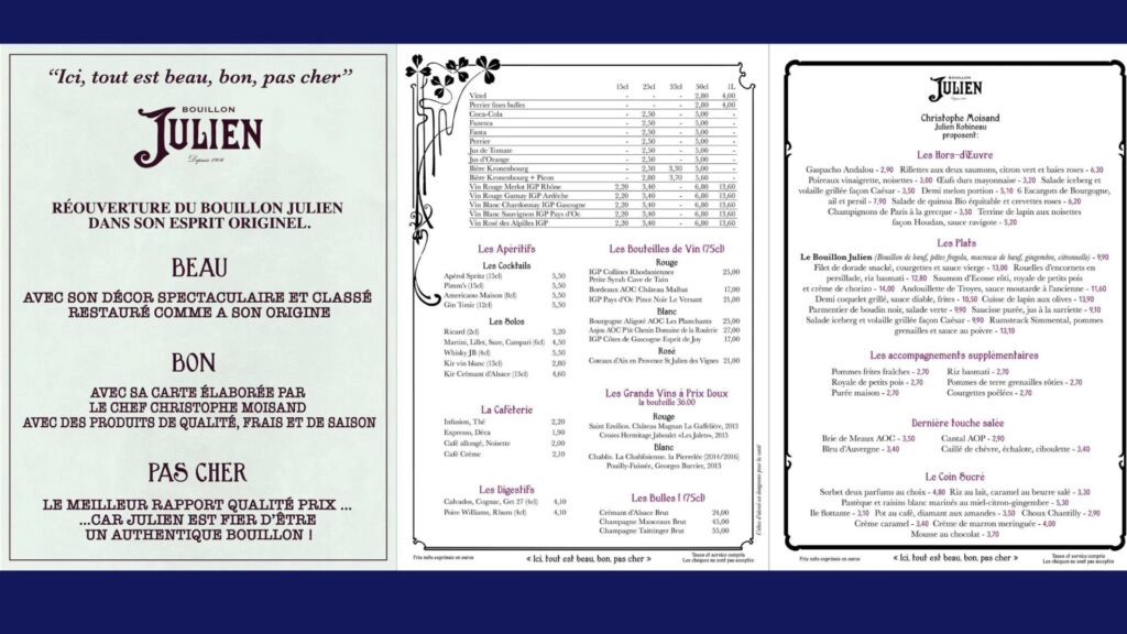 Bouillon Julien Entrées Menu Carte