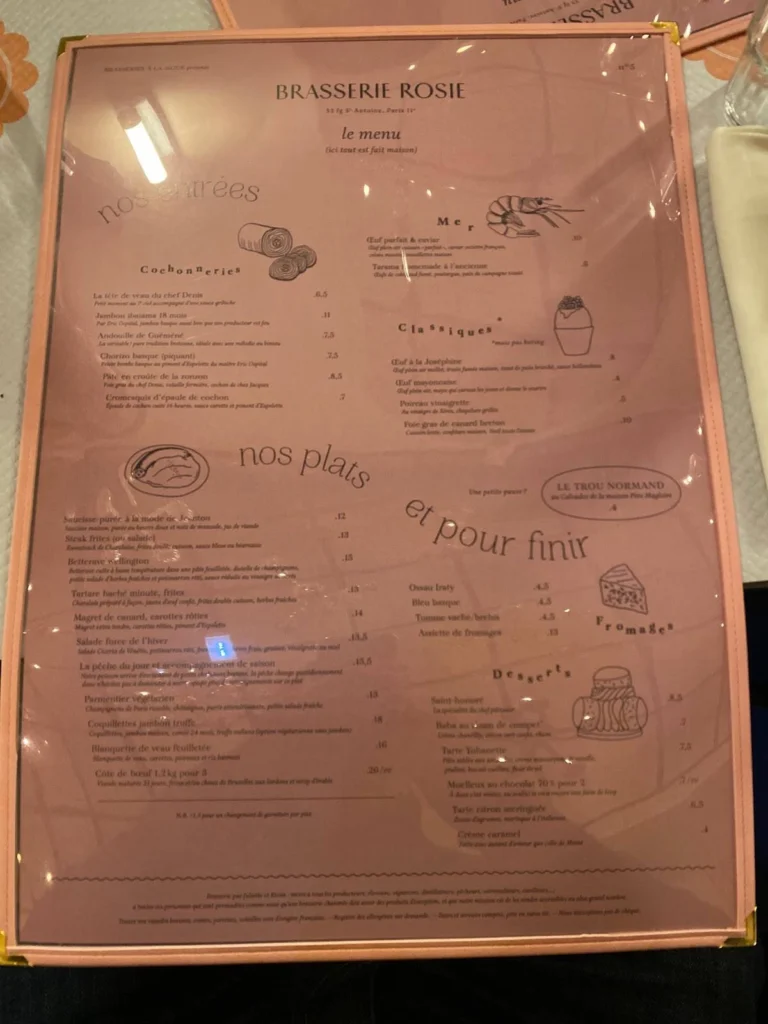 Brasserie Rosie Menu Prix