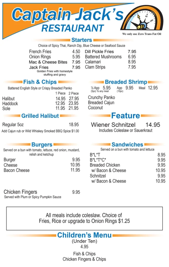 Captain Jack’s Menu Prix