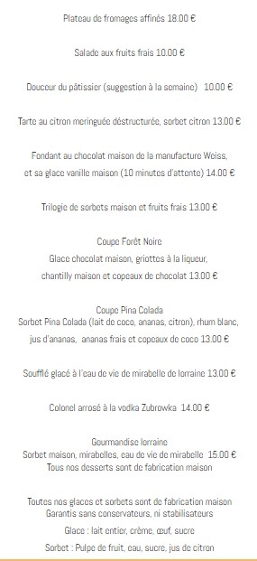 Auberge De La Klauss Carte des Desserts Menu