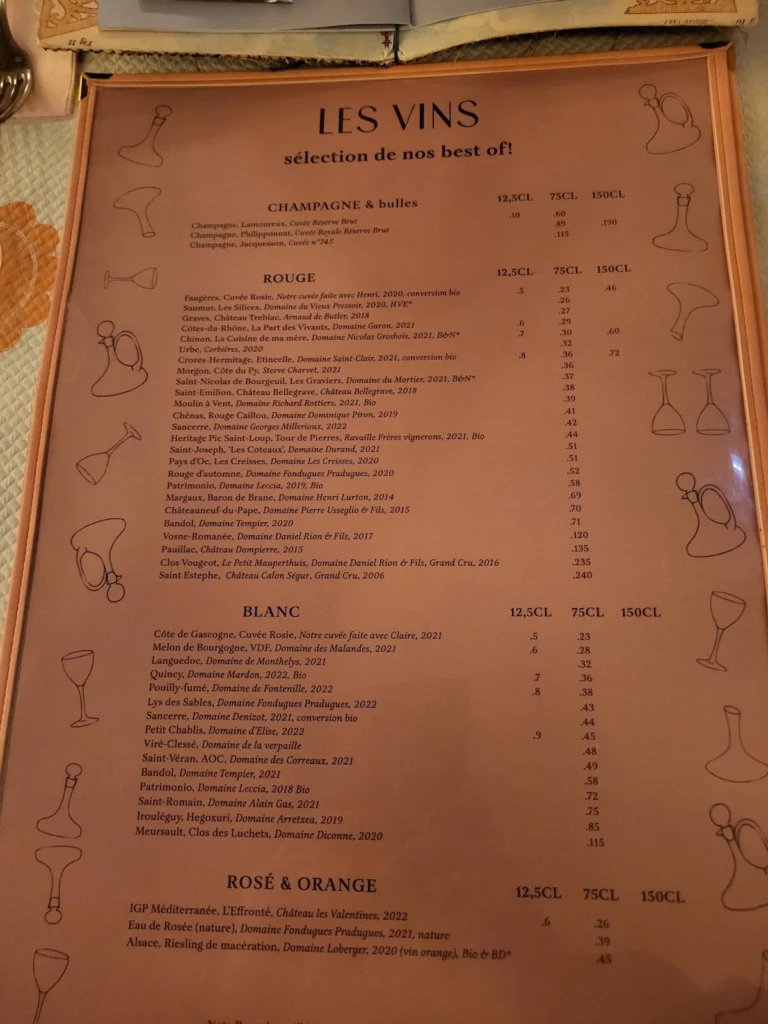 Brasserie Rosie Lou Carte des vins Tarif & Menu