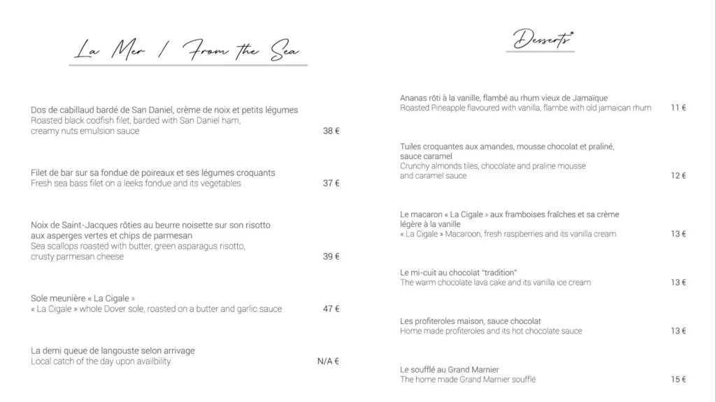 Francias La Cigale La Mer / From the Sea Menu