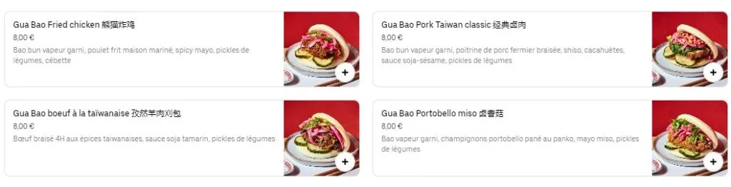 GUA BAO Prix des Menu