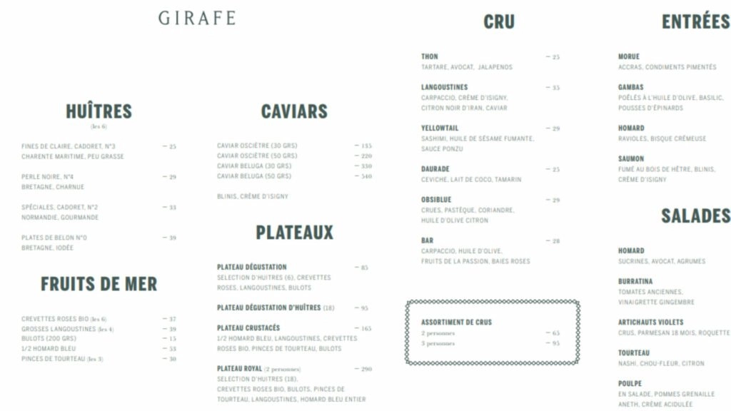 Girafe Restaurant Carte