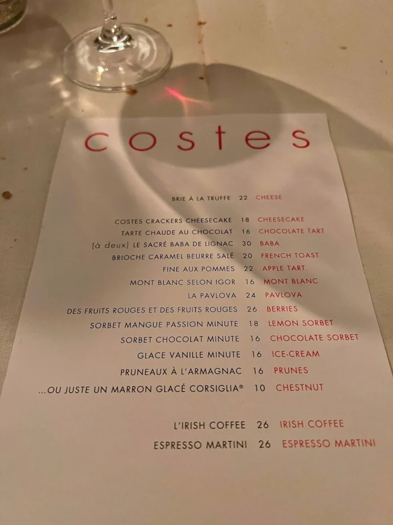 Hotel Costes Menu Prix 