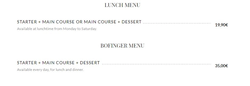 Bofinger LUNCH MENU & PRIX