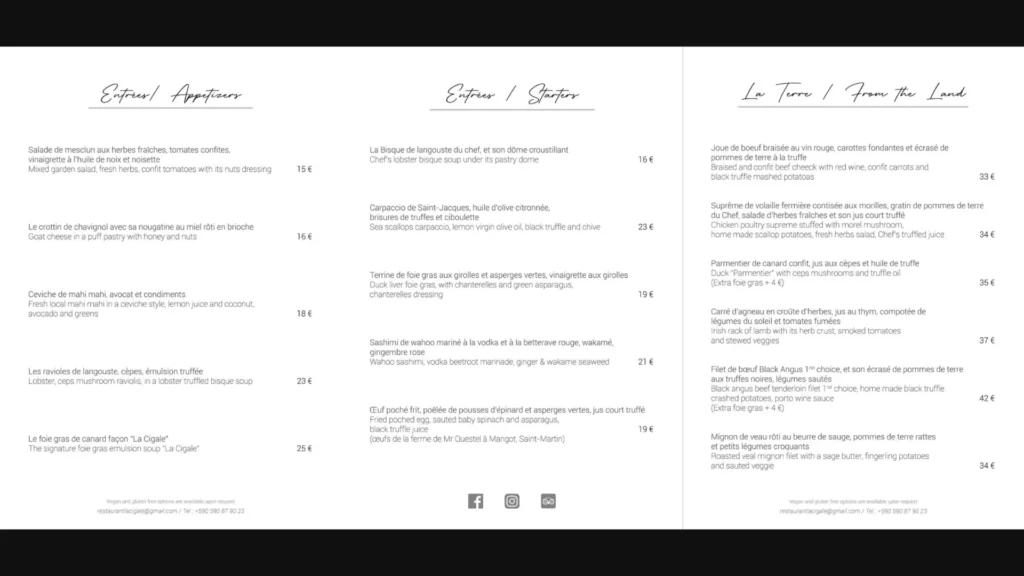 La Cigale Entrées/ Appetizers Menu