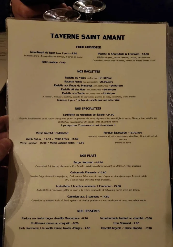 La Taverne Saint-Amant Menu Prix