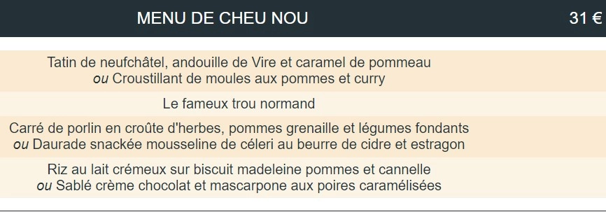 A Deux Pas d’Ici MENU DE CHEU NOU 