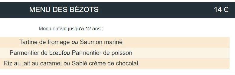 A Deux Pas d’Ici MENU DES BÉZOTS