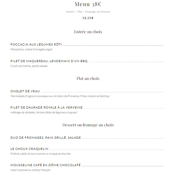 La Grotte Menu 38€ Carte