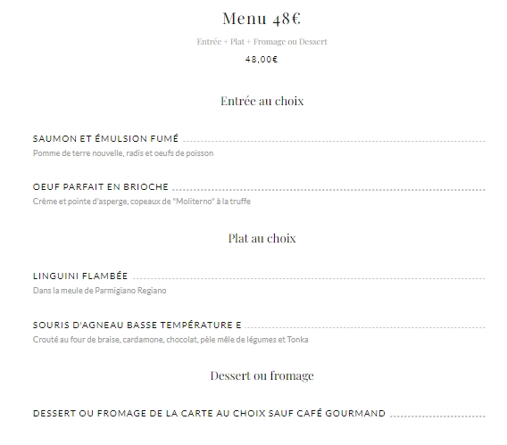 La Grotte Menu 48€ carte