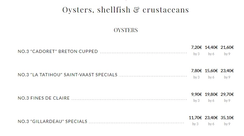 Bofinger Menu Oysters, shellfish & crustaceans