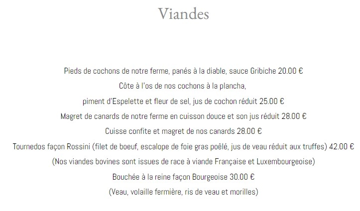 Menu Viandes Prix 