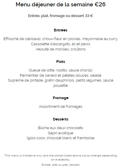 Terre de Craie Menu déjeuner de la semaine