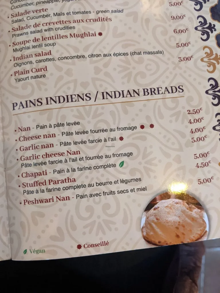 Namaste menu prix