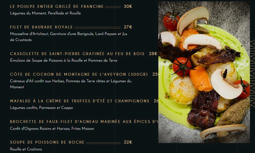 Chez Francine Notre cuisine de saison – LES PLATS TERRE ET MER Menu