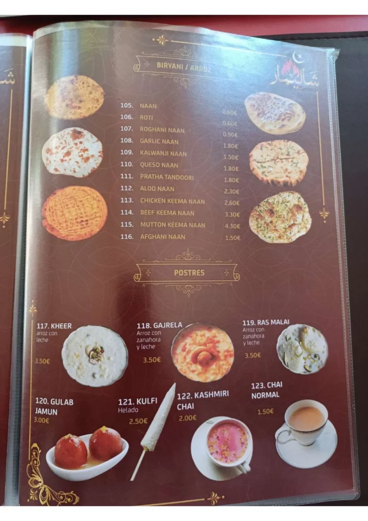 Shalimar menu prix