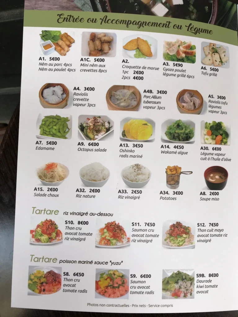 Ta Sushi menu prix