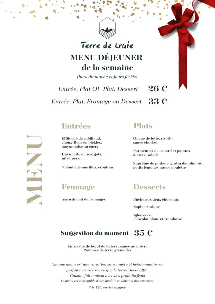 Terre de Craie Menu Prix