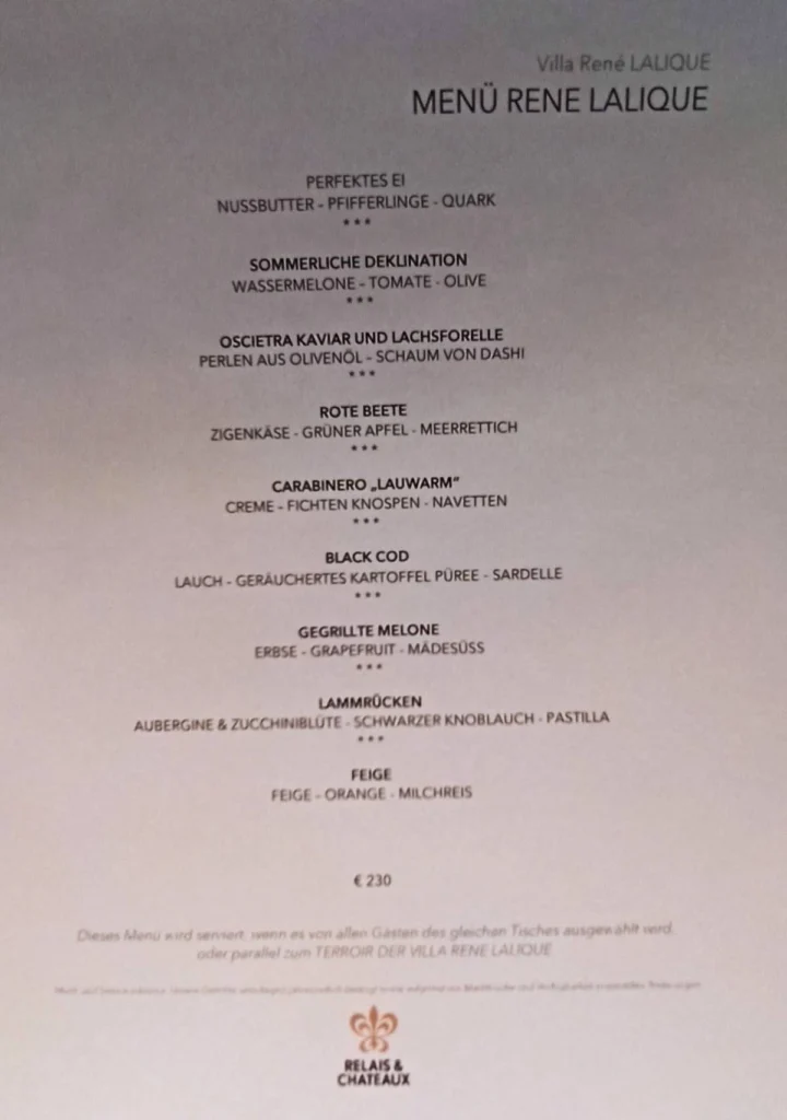 Villa René Lalique Menu Prix 