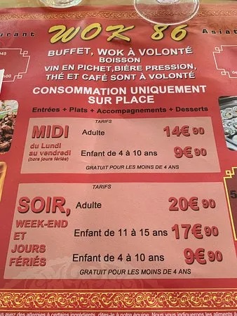 Wok 86 Menu Prix