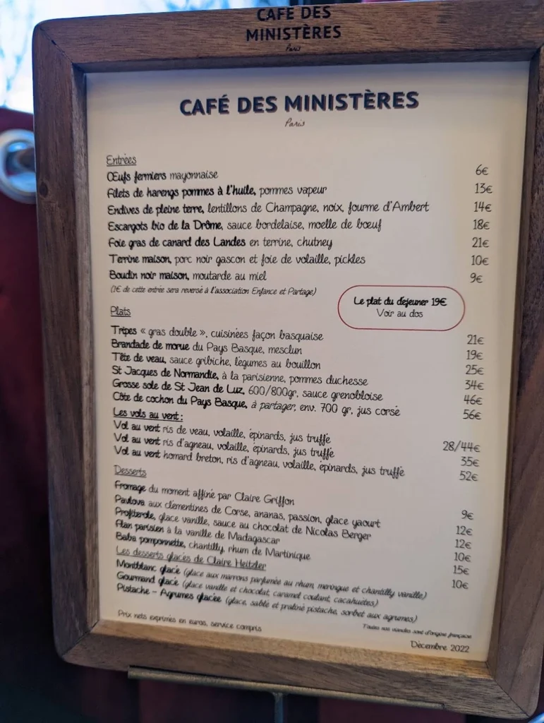 Café des Ministères Menu Prix