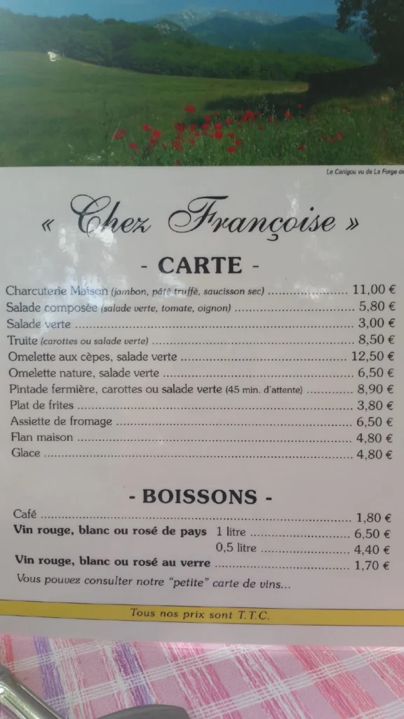 Chez Françoise menu prix