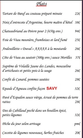 Menu Plats & Prix 